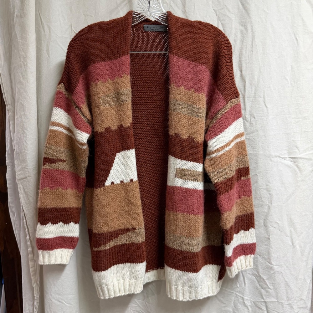 Anthropologie Elsamanda Wool Alpaca Blend Striped Open Front Cardigan Rust Med
